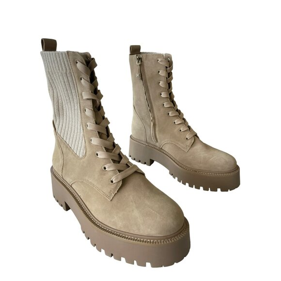 Sam Edelman Evina Beige Suede Leather Knit Lace-Up Calf Combat Boots Sz 8.5 - Picture 1 of 9